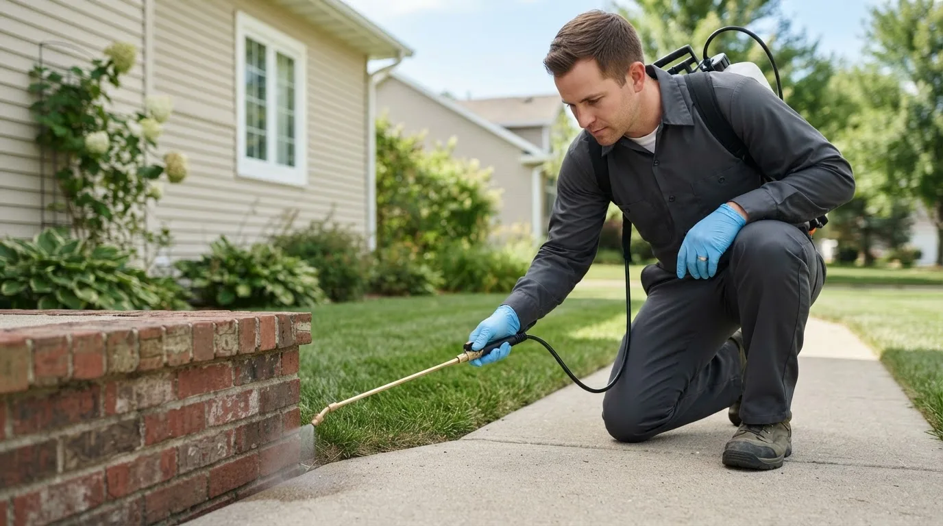 Pest control technician treating a home near Grandfield, OK